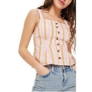New TOPSHOP Yellow Pink Striped Button Front Crop Wide Strap Tank